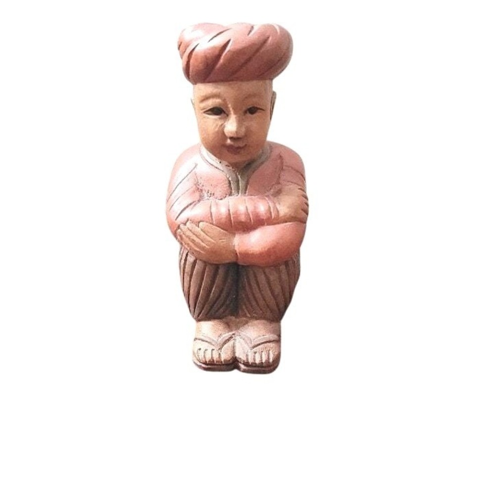 Vintage Hand Carved Wood Figure Man Turban Seated Pose Folk Art